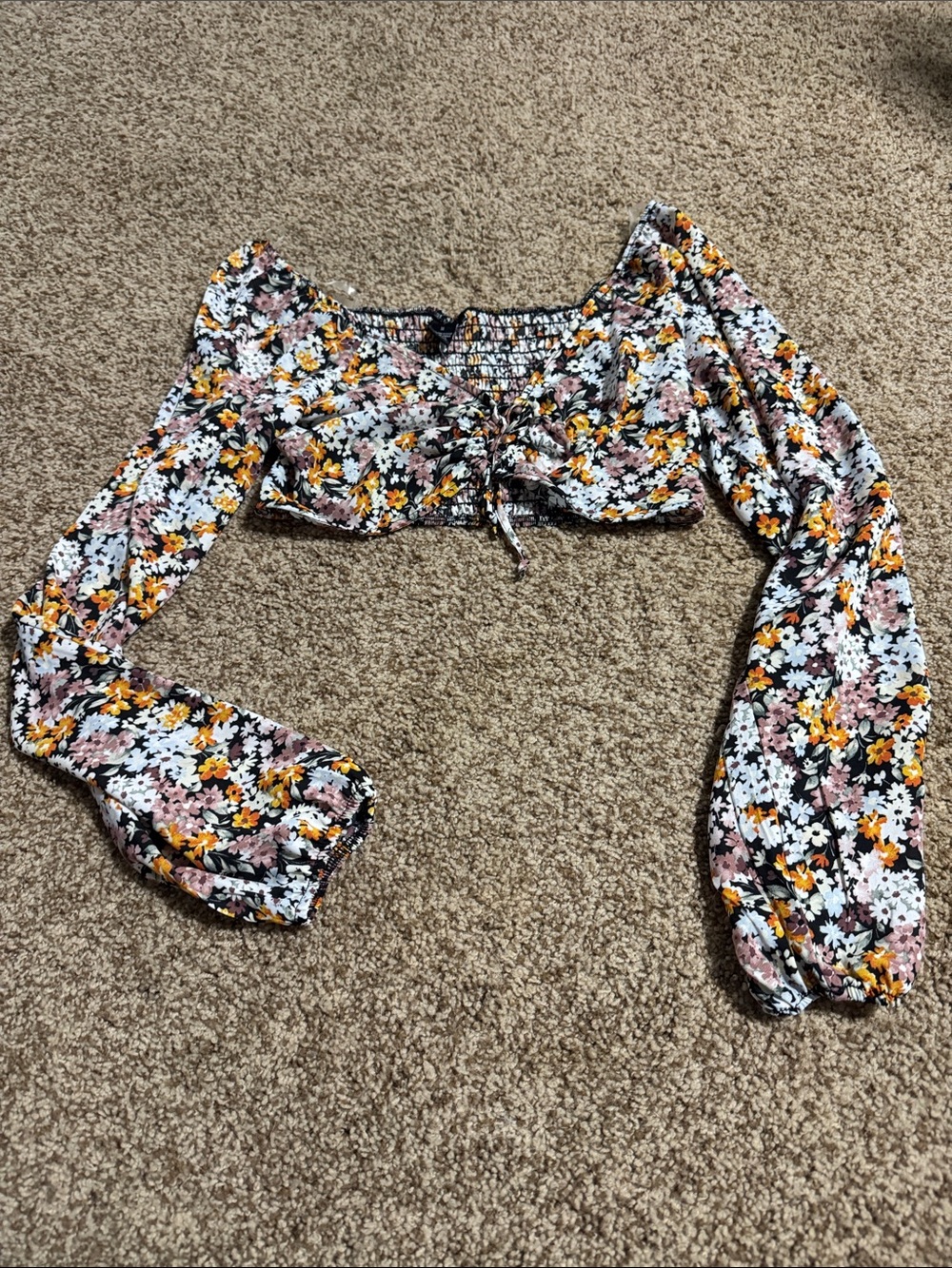 Rue21 Floral Smocked Tie-Front Crop Top in Yellow, Pink & White